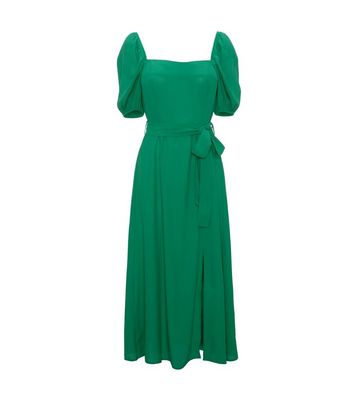 Green Square Neck Belted Midi Dress ...